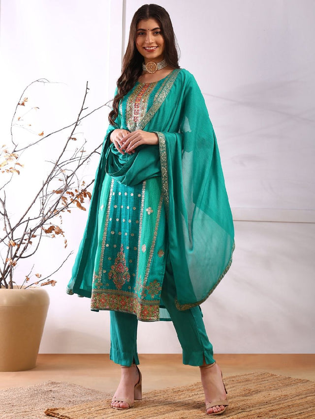 Teal Organza Abstract Woven Design Straight Kurti Pant With Dupatta