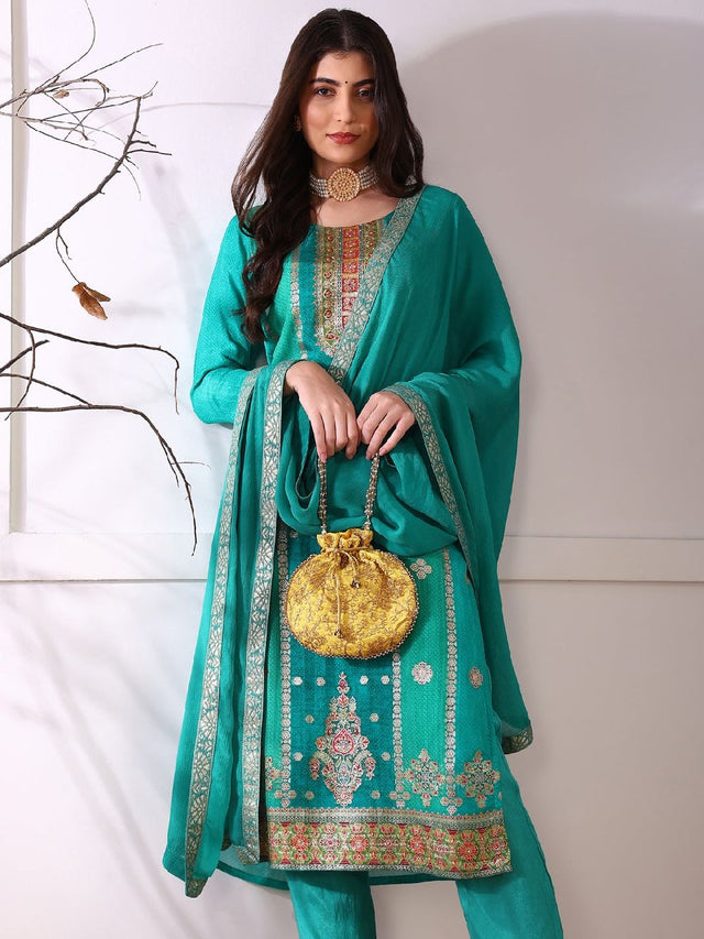 Teal Organza Abstract Woven Design Straight Kurti Pant With Dupatta