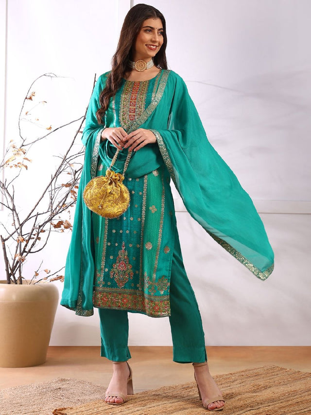 Teal Organza Abstract Woven Design Straight Kurti Pant With Dupatta