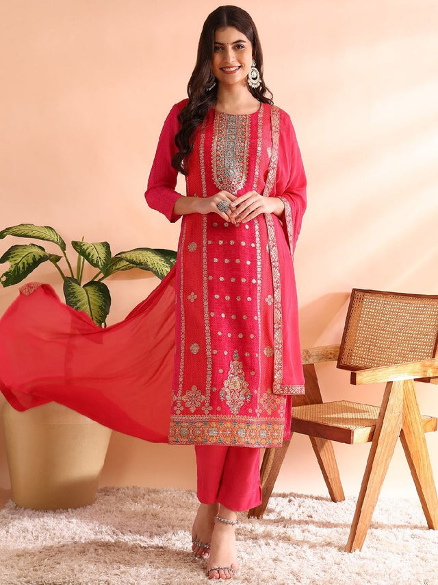 Pink Organza Ethnic Motifs Woven Design Straight Kurti Pants With Dupatta