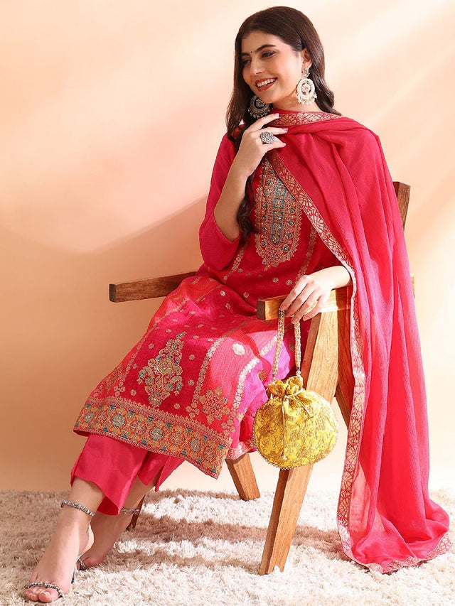 Pink Organza Ethnic Motifs Woven Design Straight Kurti Pants With Dupatta