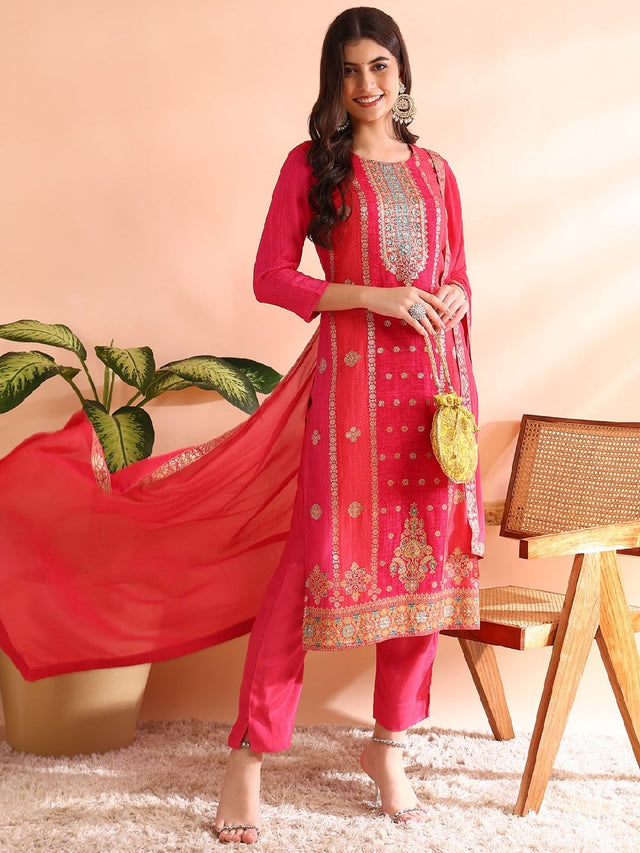 Pink Organza Ethnic Motifs Woven Design Straight Kurti Pants With Dupatta
