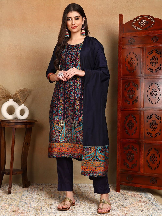Navy Blue Chanderi Woven Design Straight Kurti Pant With Dupatta