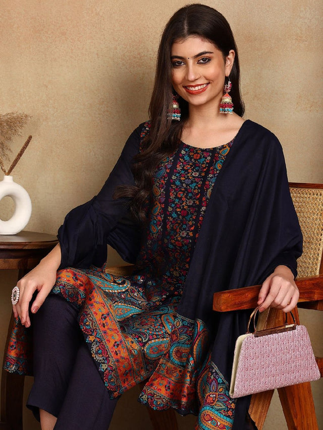 Navy Blue Chanderi Woven Design Straight Kurti Pant With Dupatta