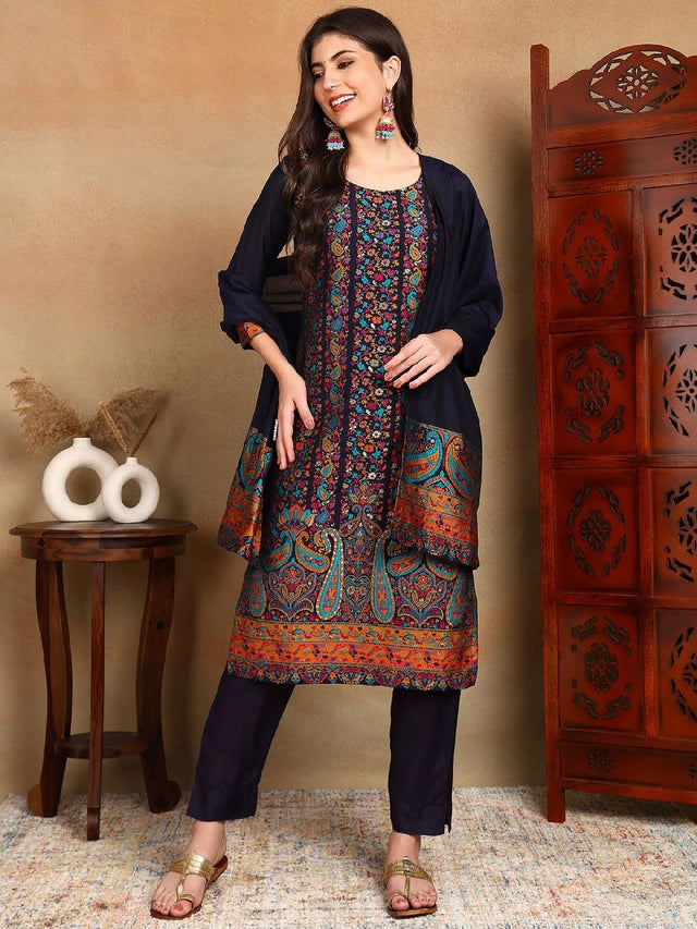 Navy Blue Chanderi Woven Design Straight Kurti Pant With Dupatta