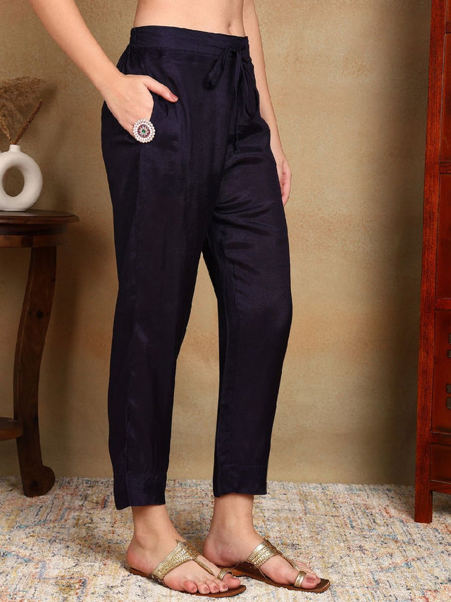 Navy Blue Chanderi Woven Design Straight Kurti Pant With Dupatta