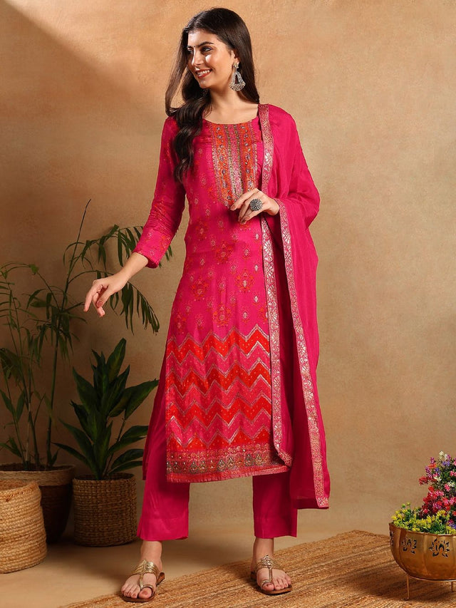 Pink Silk Ethnic Motifs Woven Design Straight Kurti Pants With Dupatta