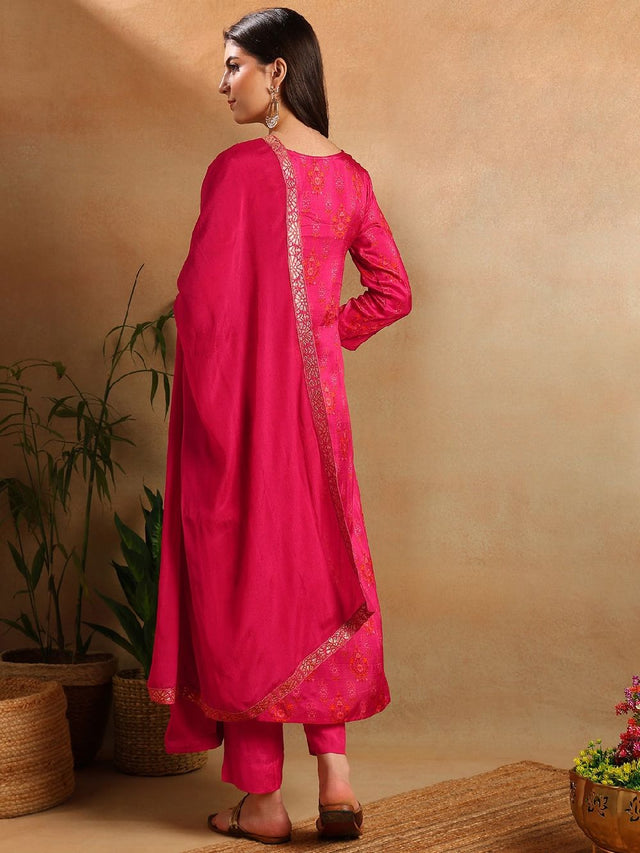 Pink Silk Ethnic Motifs Woven Design Straight Kurti Pants With Dupatta