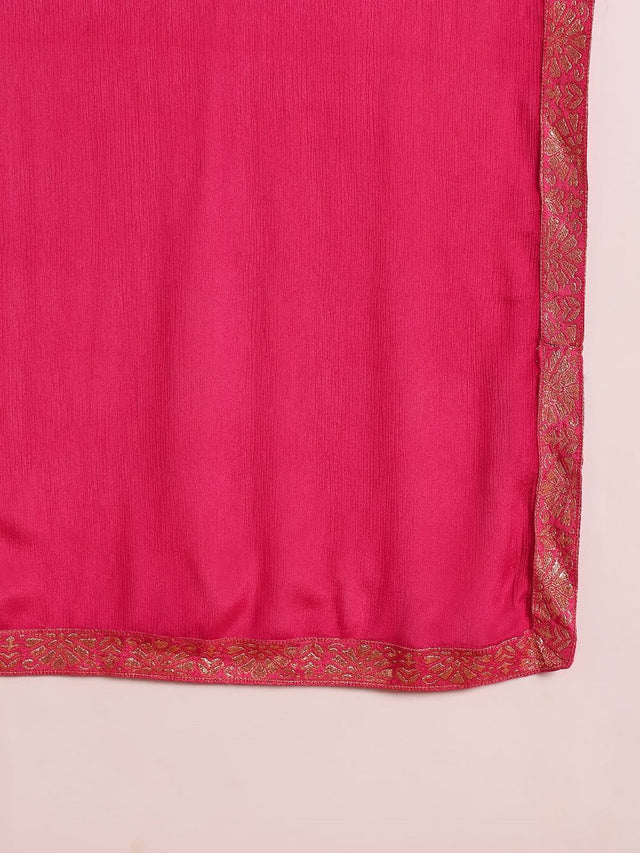 Pink Silk Ethnic Motifs Woven Design Straight Kurti Pants With Dupatta