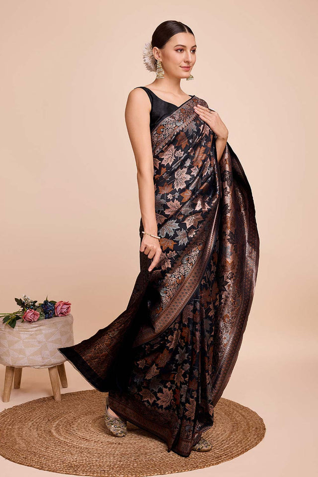 Black Pure Silk Zari Saree (N2ZSATIPANJARI04)