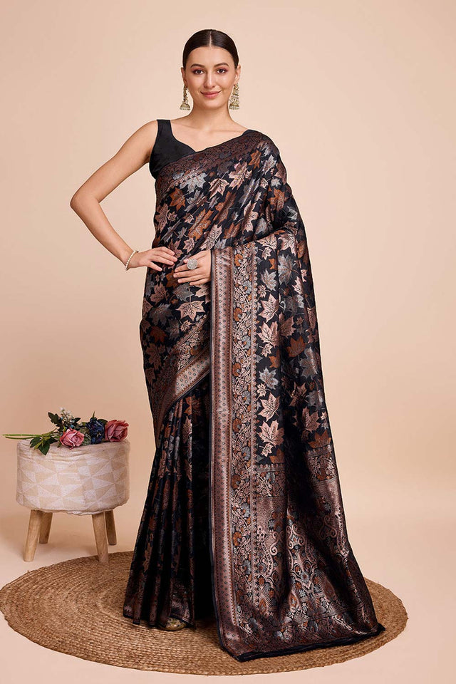 Black Pure Silk Zari Saree (N2ZSATIPANJARI04)