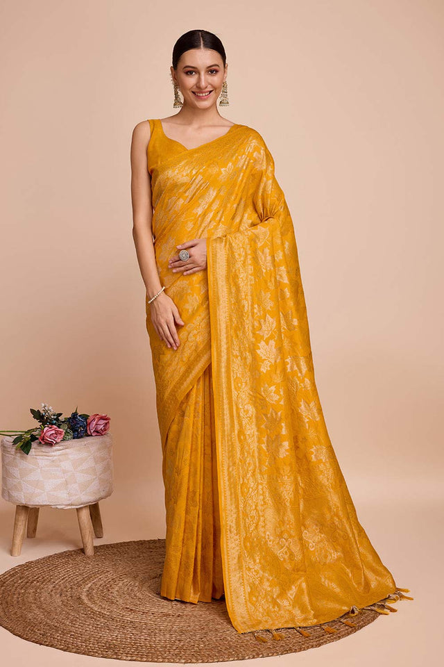 Yellow Pure Silk Zari Saree (N2ZSATIPANJARI07)