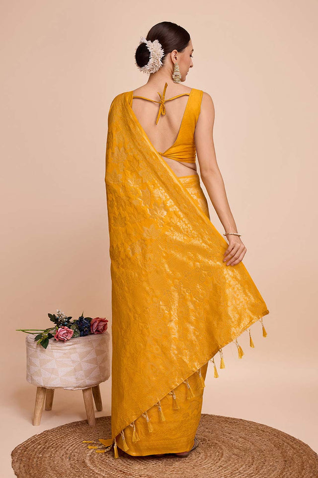 Yellow Pure Silk Zari Saree (N2ZSATIPANJARI07)