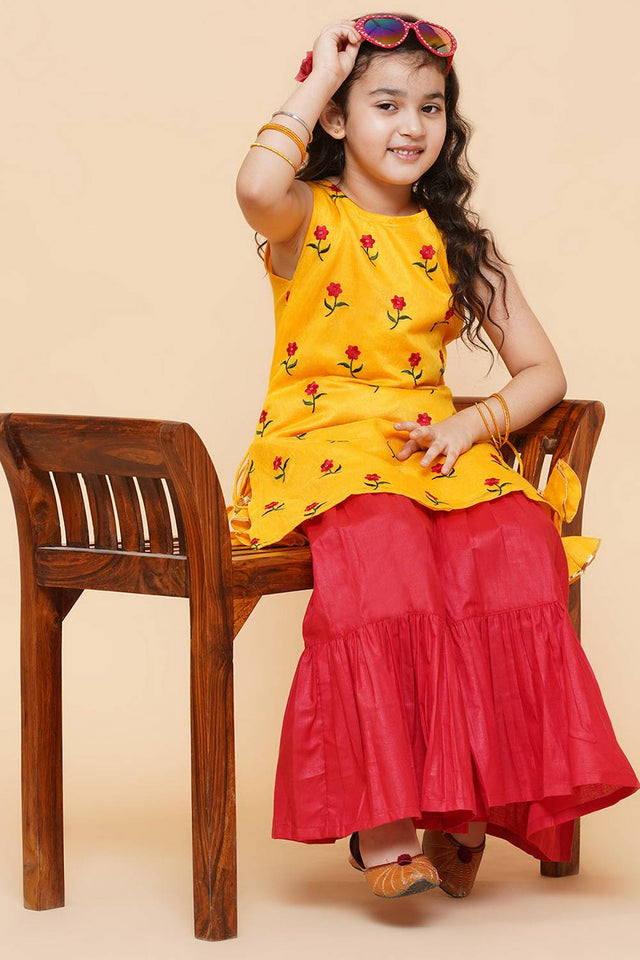 Girl's Yellow Embroidered Chanderi Kurta Set