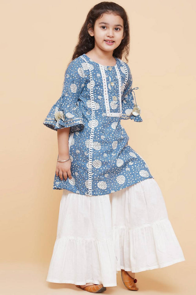 Girl's Blue Foil Printed Cotton Kurta Set