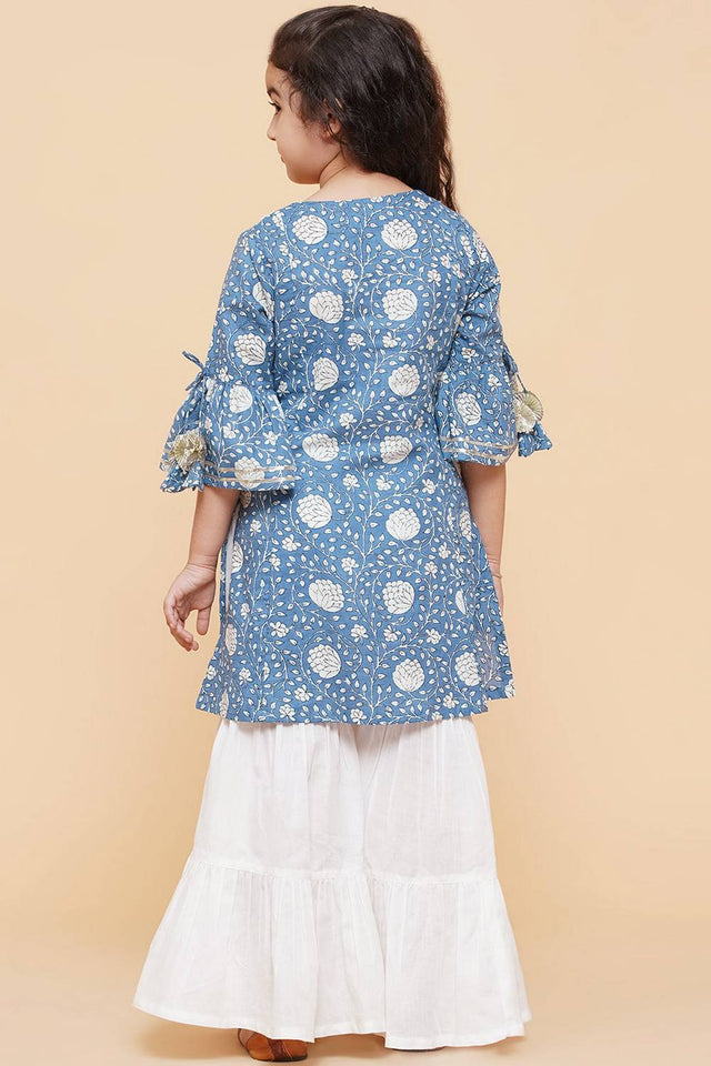 Girl's Blue Foil Printed Cotton Kurta Set