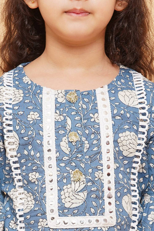 Girl's Blue Foil Printed Cotton Kurta Set