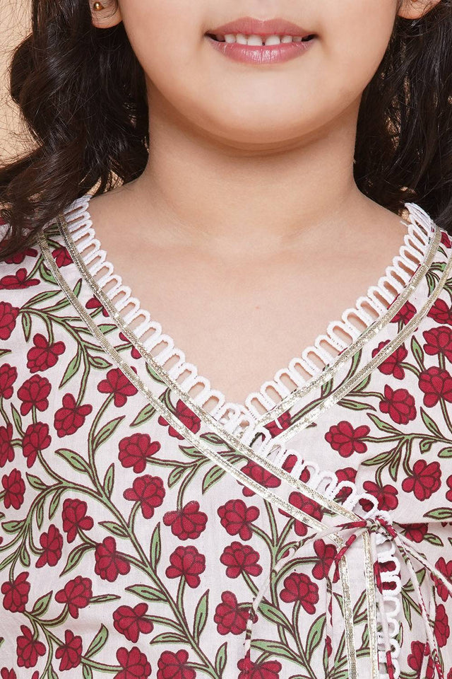 Girl's White Floral Printed Cotton Kurta Set