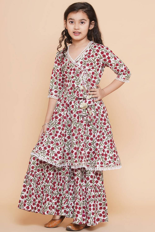 Girl's White Floral Printed Cotton Kurta Set