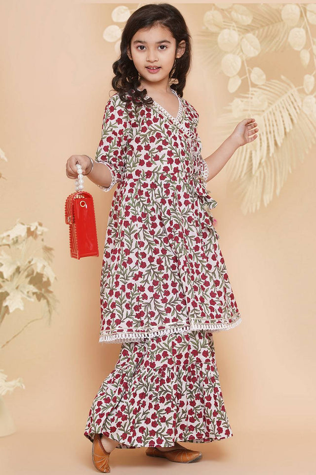 Girl's White Floral Printed Cotton Kurta Set