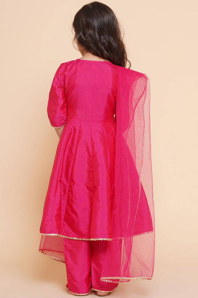 Girl's Pink Embroidered Silk Kurta Set