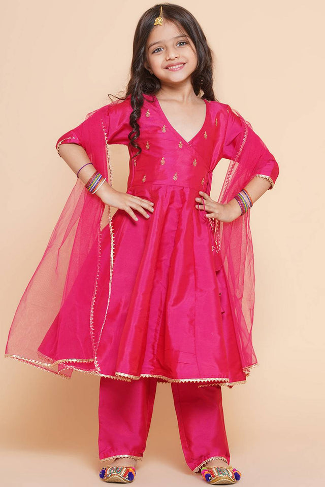 Girl's Pink Embroidered Silk Kurta Set