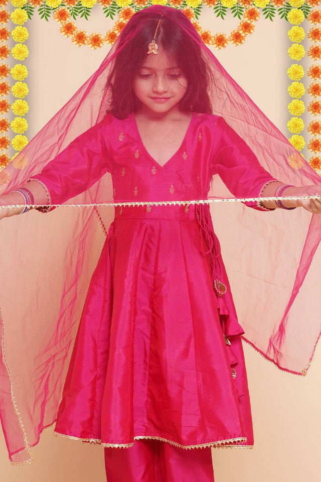 Girl's Pink Embroidered Silk Kurta Set