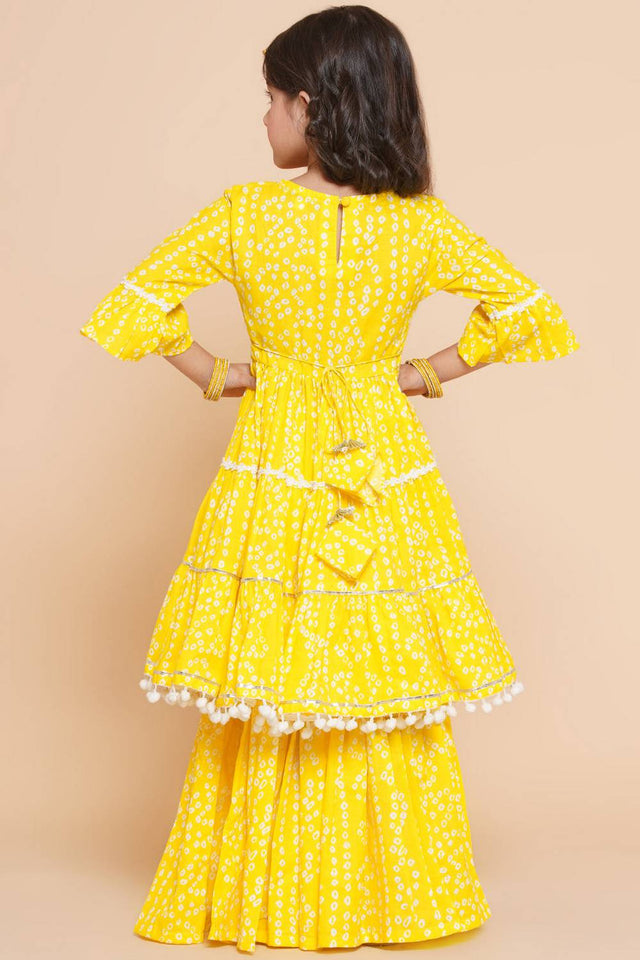 Girl's Yellow Bandhani Printed Cotton Kurta Set