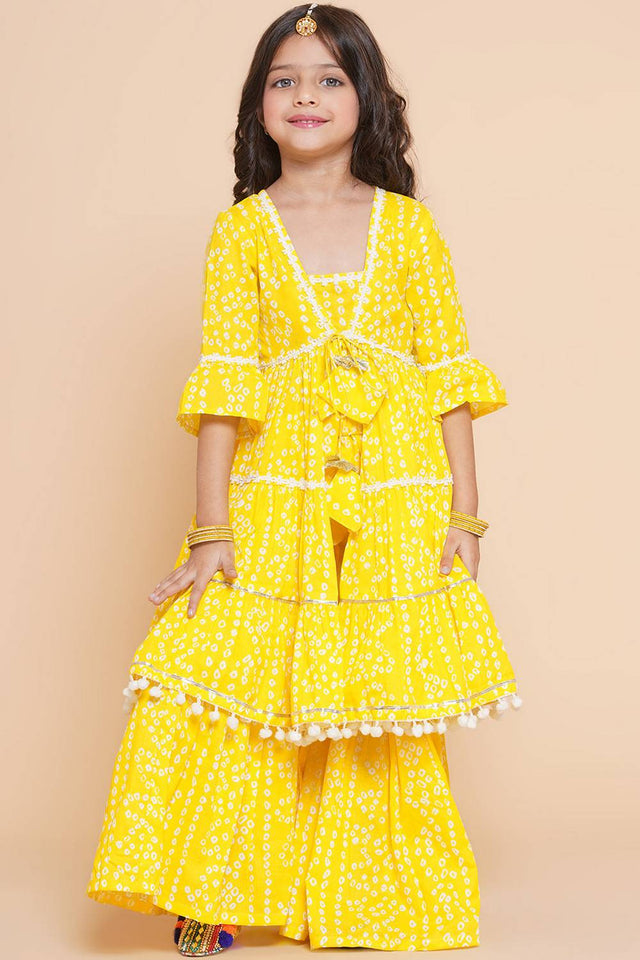 Girl's Yellow Bandhani Printed Cotton Kurta Set