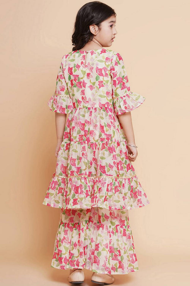 Girl's Multi-Color Floral Printed Silk Kurta Set