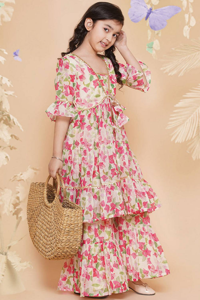 Girl's Multi-Color Floral Printed Silk Kurta Set