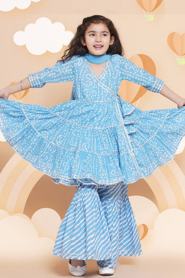 Girl's Blue Bandhani Printed Cotton Kurta Set