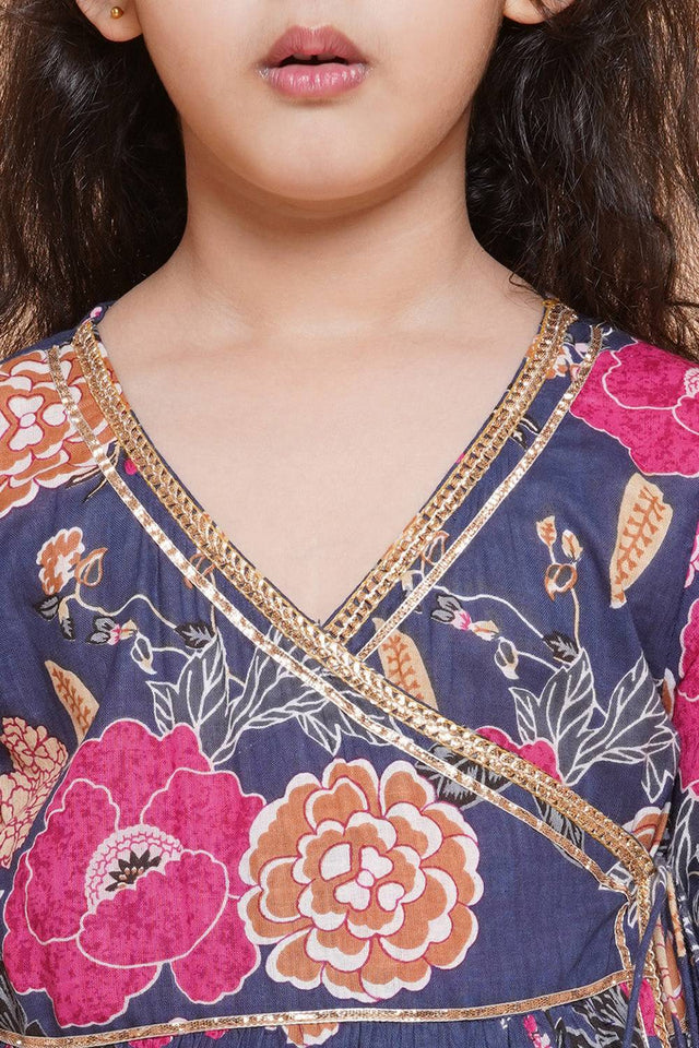Girl's Blue Floral Printed Cotton Kurta Set