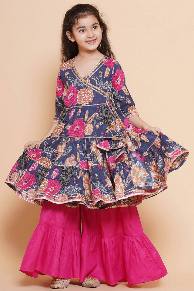 Girl's Blue Floral Printed Cotton Kurta Set