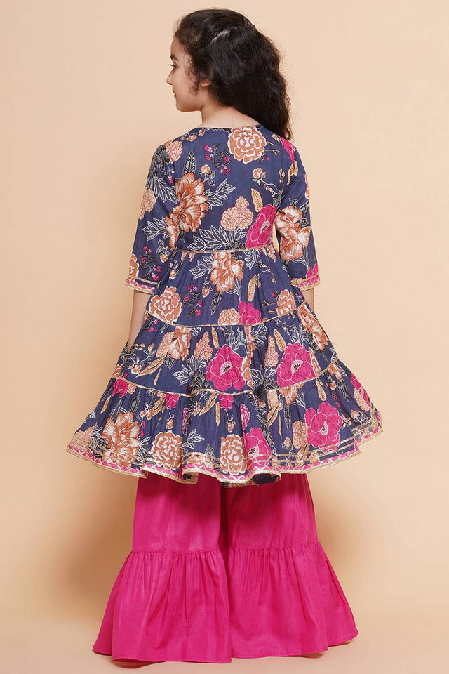 Girl's Blue Floral Printed Cotton Kurta Set