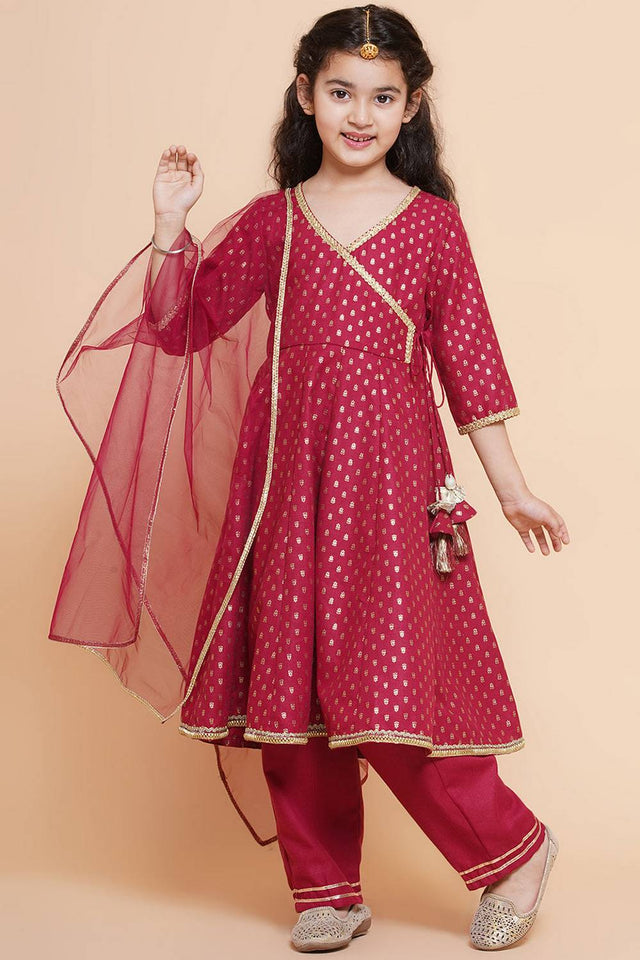 Girl's Maroon Printed Cotton Kurta Set