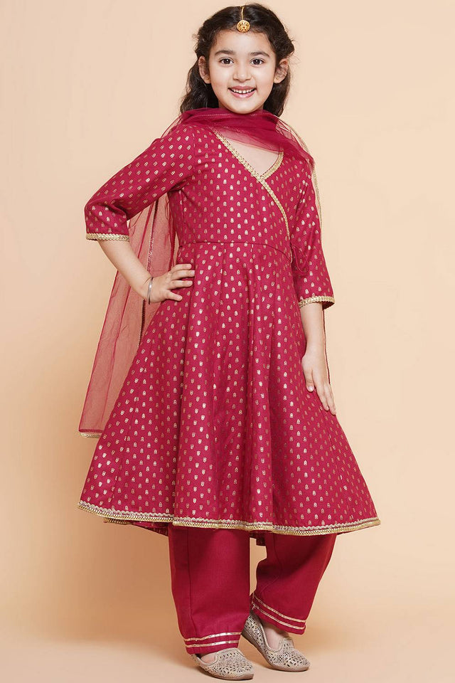 Girl's Maroon Printed Cotton Kurta Set