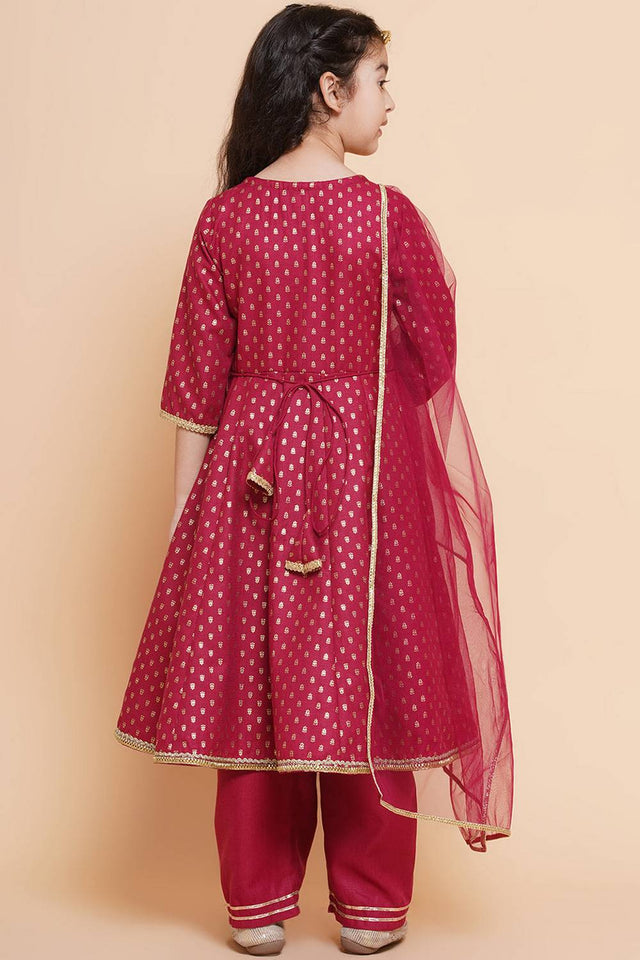 Girl's Maroon Printed Cotton Kurta Set