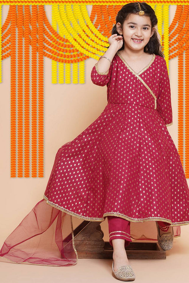 Girl's Maroon Printed Cotton Kurta Set