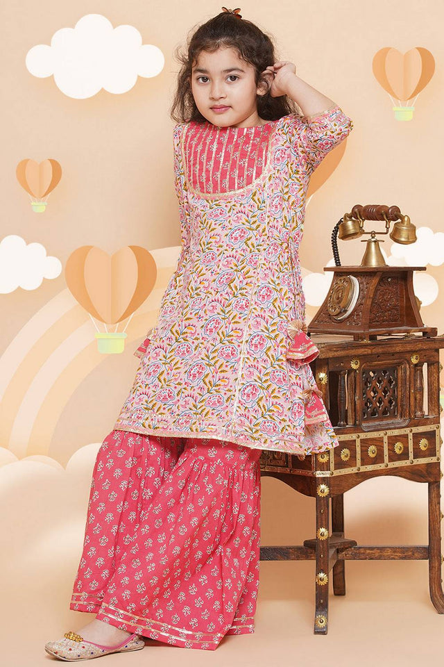 Girl's Pink Floral Printed Cotton Kurta Set