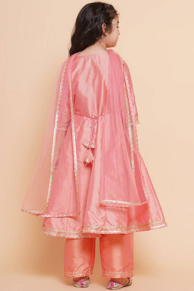 Girl's Peach Embroidered Silk Kurta Set
