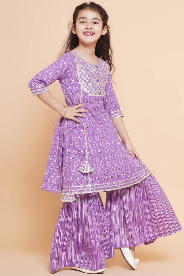 Girl's Violet Printed Cotton Kurta Set