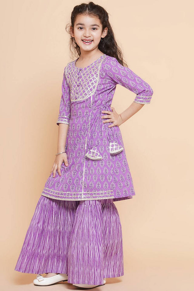 Girl's Violet Printed Cotton Kurta Set