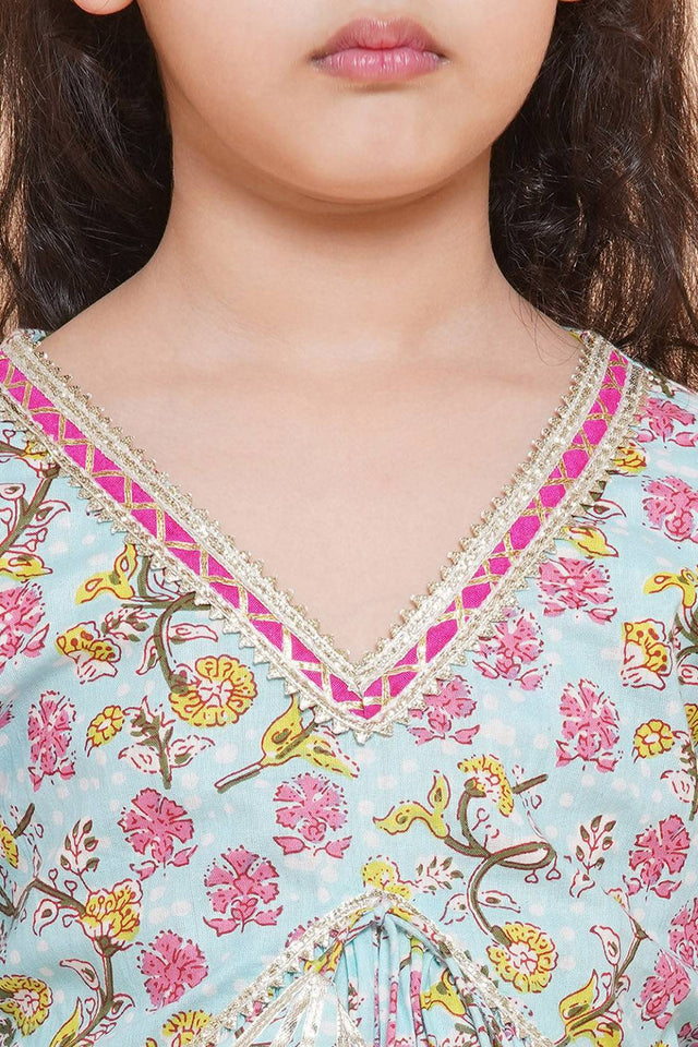Girl's Blue Floral Printed Cotton Kurta Set