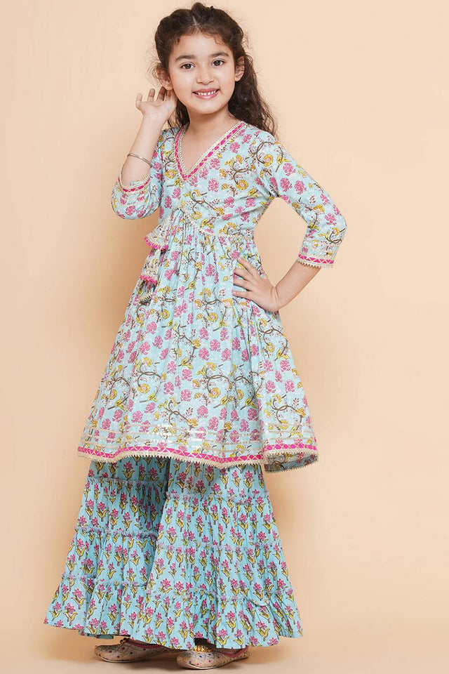 Girl's Blue Floral Printed Cotton Kurta Set