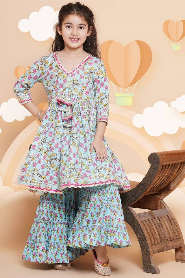 Girl's Blue Floral Printed Cotton Kurta Set