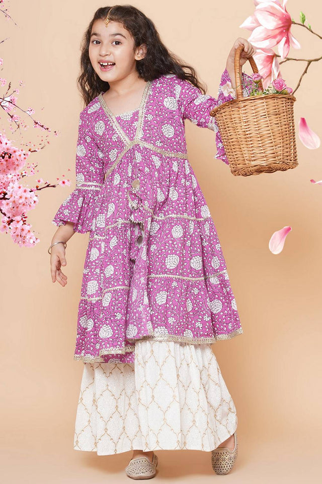 Girl's Violet Floral Printed Silk Kurta Set
