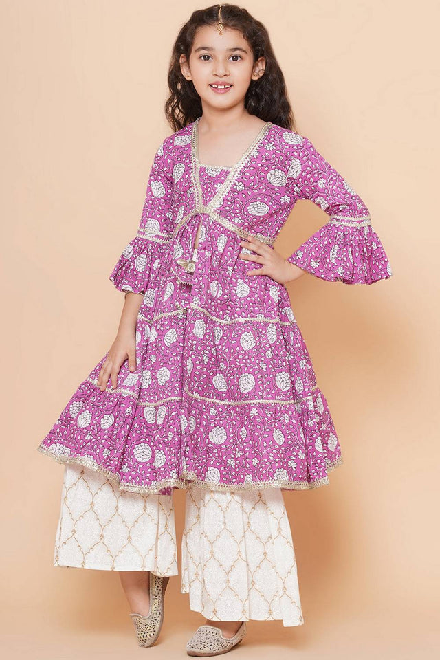 Girl's Violet Floral Printed Silk Kurta Set