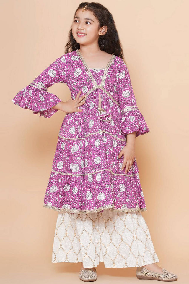 Girl's Violet Floral Printed Silk Kurta Set