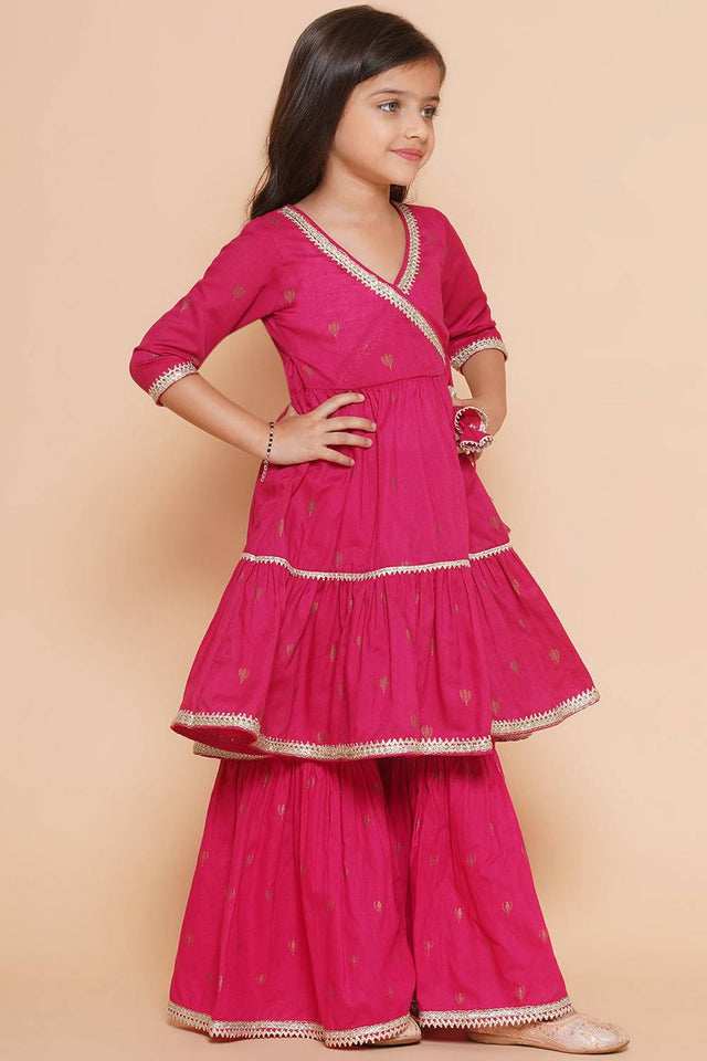 Girl's Pink Ethnic Motifs Foil Printed Cotton Kurta Set